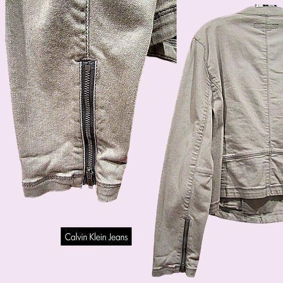 Calvin Klein Jeans NEW Grunge Moto Asymmetrical Zip Crop Denim Jacket L - Picture 9 of 12